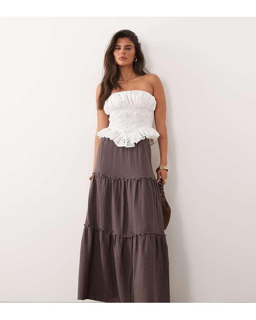 The Frolic Brown Exclusive Cotton Cheesecloth Tiered Maxi Skirt