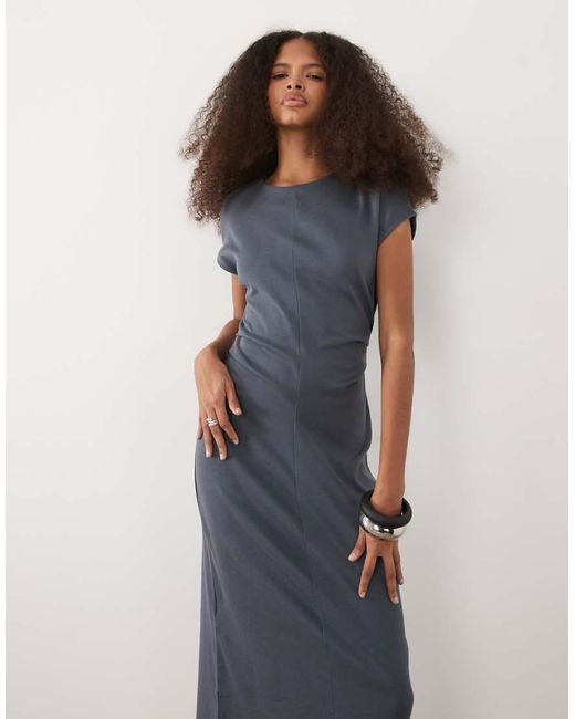 Mango Blue Cap Sleeve Midi Dress With Ruched Waist