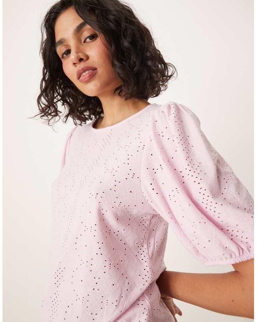 Vila White Broderie T-shirt With Puff Sleeve Detail