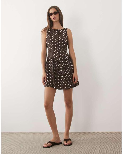 Brave Soul Natural Slash Neck Button Down Dropped Waist Mini Dress