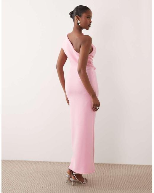 ASOS Pink Asymmetric One Shoulder Midi Dress With Trim