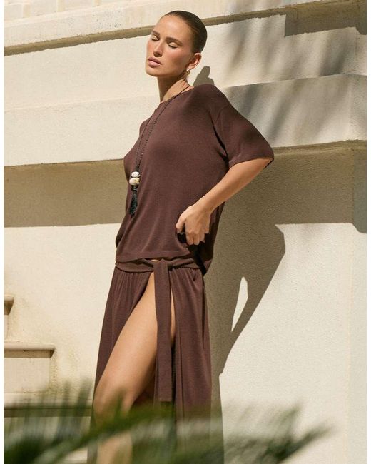 4th & Reckless Natural Fine Knit Drape Front Thigh Split Maxi Beach Skirt
