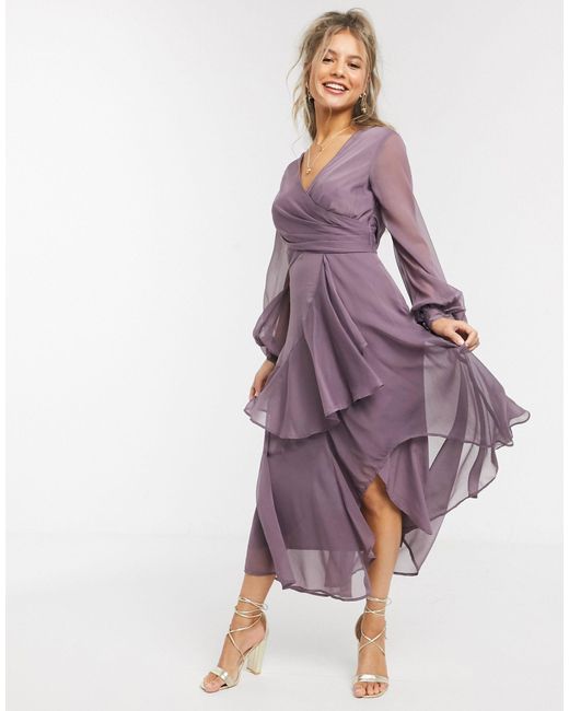 ASOS Purple Wrap Waist Midi Dress With Double Layer Skirt And Long Sleeve