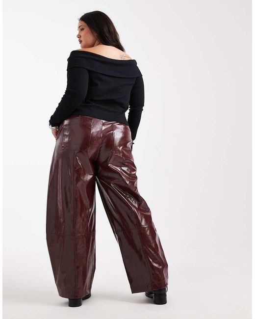 ASOS Red Curve Faux Leather Barrel Leg Trousers With Tab Detail