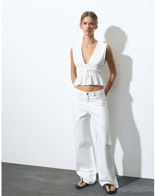 Pull&Bear White Crepe Top With Ties