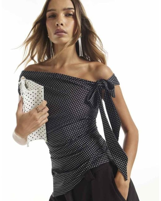 River Island Black Spot Drape Tie Detail Top