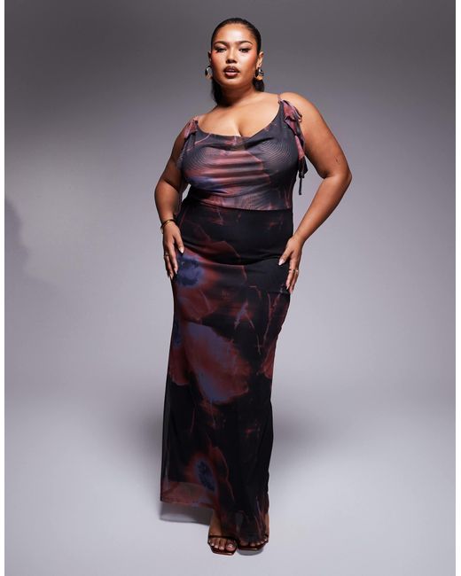 Asos design curve - robe longue en tulle imprimé avec col bénitier plongeant et détail noué - imprimé à fleurs flou ASOS en coloris Multicolor