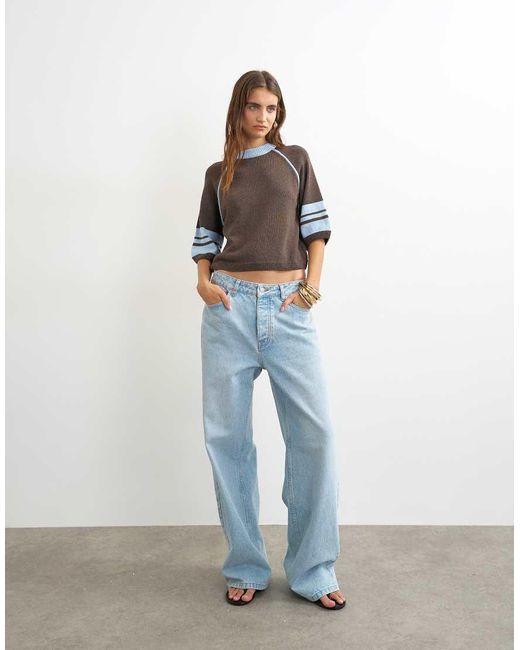 TOPSHOP Blue Knitted Tipping Short Sleeve Football Top
