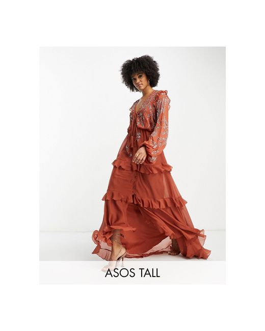 Asos design tall - robe mi-longue fluide boutonnée sur le devant à fleurs - rouille ASOS en coloris Red