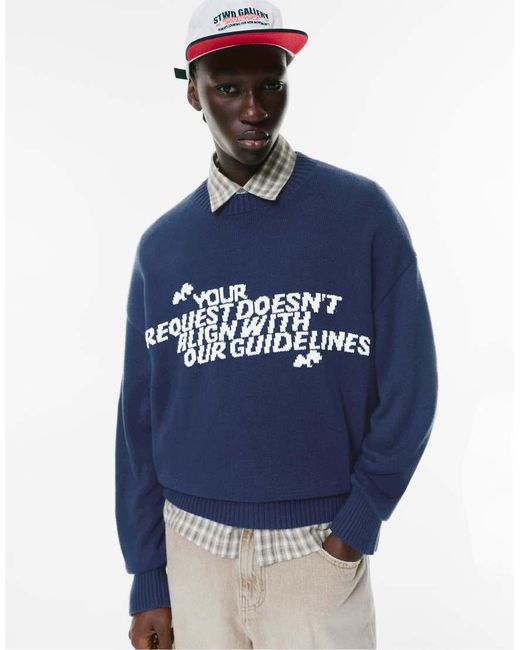 Pull&Bear Blue Graphic Slogan Sweater for men