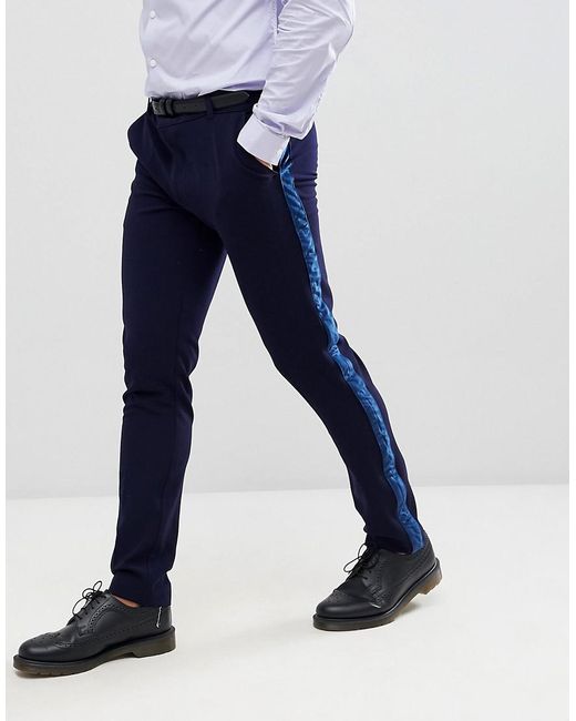 BoohooMAN Skinny Suit Pants With Velvet Side Stripe In Navy in Blue for