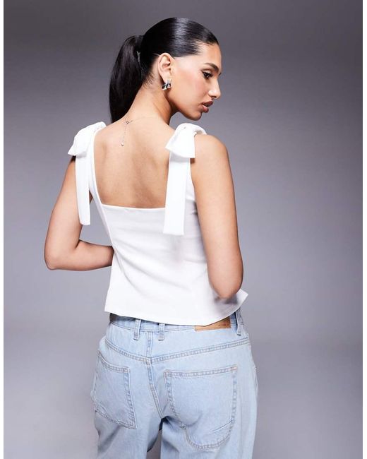 ASOS Gray Structured Cinch Waist Boat Neck Top With Shoulder Tie Bow Detail