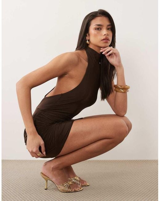 Missy Empire Brown Double Sculpted Slinky High Neck Twist Front Mini Dress