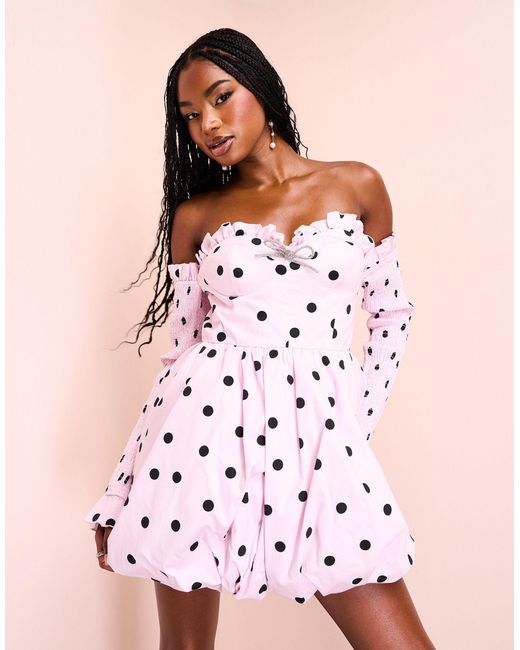 ASOS Pink Cotton Poplin Bandeau Mini Dress With Puffball Skirt And Embellished Bow