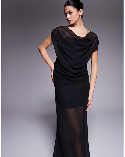 Robe bandeau longue en mousseline avec cape, ourlet transparent et taille froncée Fashionkilla en coloris Black