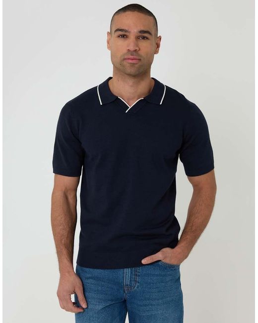 Threadbare Blue Knitted Contrast Tipping Trophy Neck Polo for men