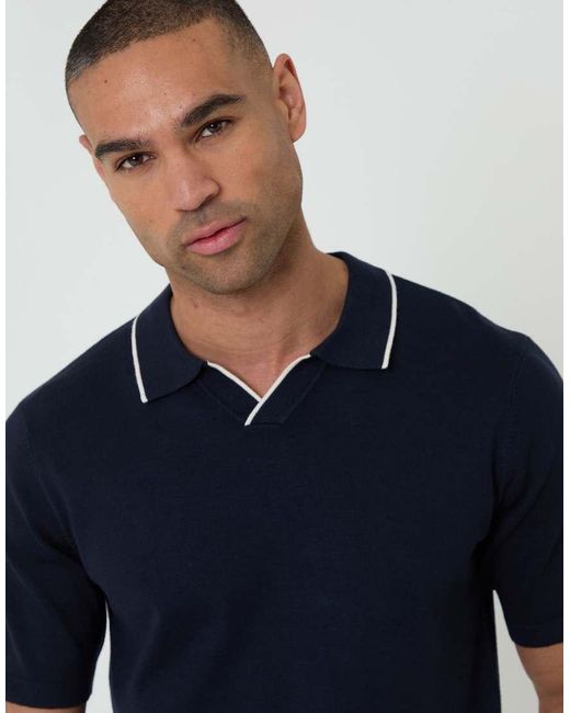 Threadbare Blue Knitted Contrast Tipping Trophy Neck Polo for men