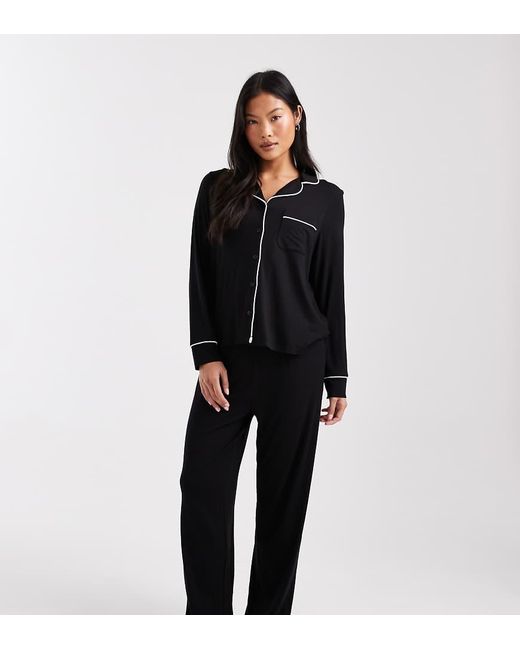 ASOS Black Asos Design Petite Super Soft Long Sleeve Shirt & Pants Pyjama Set With Contrast Piping