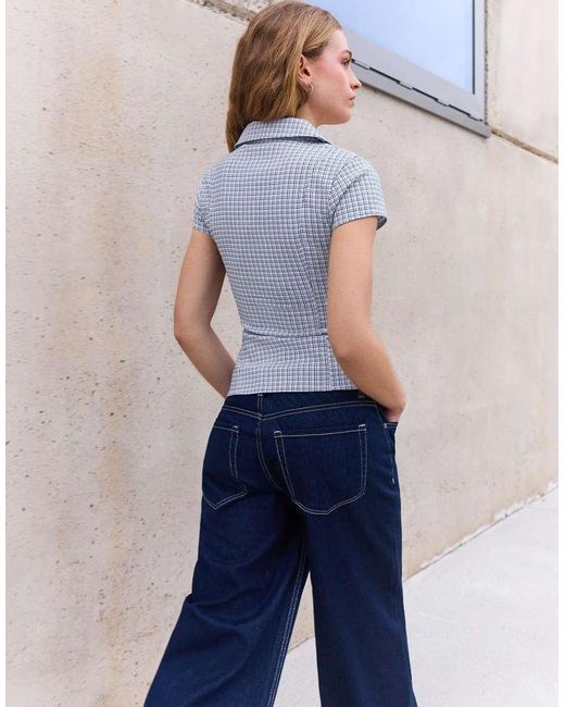 Bershka Blue Short Sleeve Zip Print Shirt