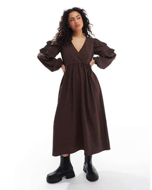 Wednesday's Girl Brown Ruffle Sleeve Midi Smock Dress
