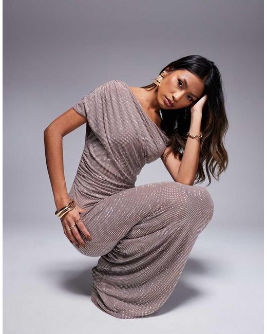 ASOS Gray Iridescent Hotfix Ruched Off Shoulder Maxi Dress