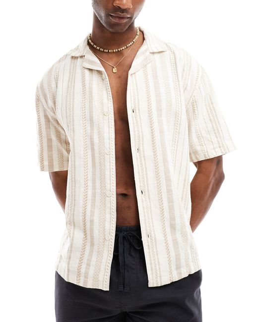 Pull&Bear White Revere Neck Stripe Shirt for men