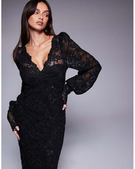 Goddiva Black Embroidered Lace Scalloped Edge Maxi Dress