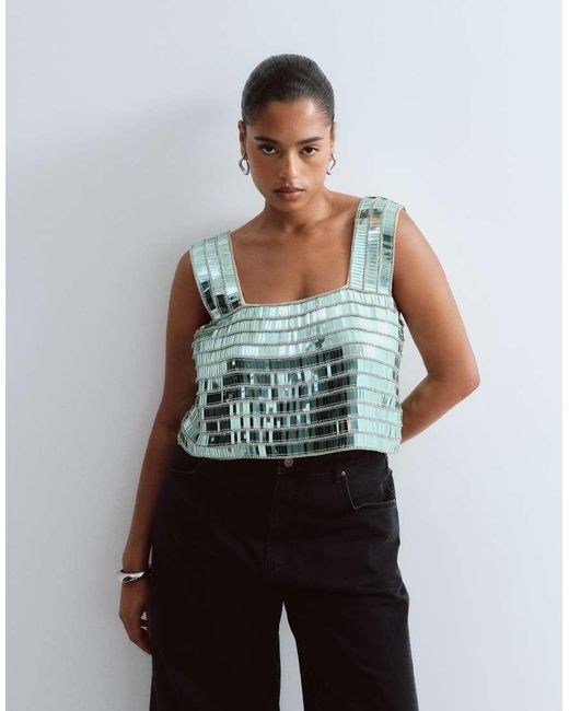 ARRANGE Green Curve Embellished Beaded Square Neck Boxy Crop Top