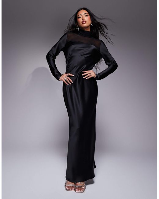 DASKA High Neck Satin Dress With Sheer Details in Black | Lyst DASKA High Neck Satin Dress With Sheer Details in Black | Lyst