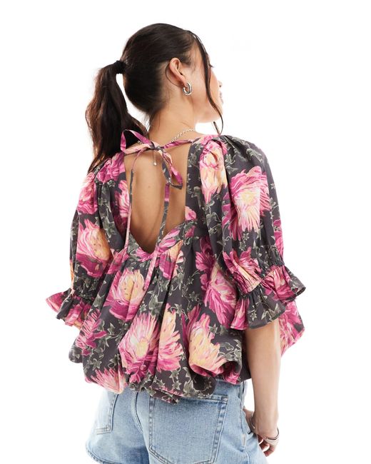 ASOS Pink – bluse mit eckigem ausschnitt, puffärmeln und blumenmuster