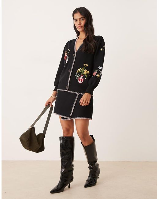 Never Fully Dressed Black Night Garden Embroidered Mini Skirt Co-ord