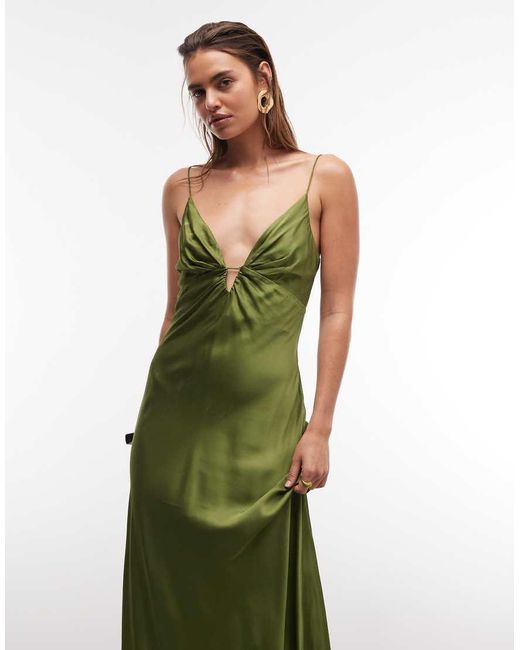 Mango Green Satin Deep V Strappy Maxi Dress
