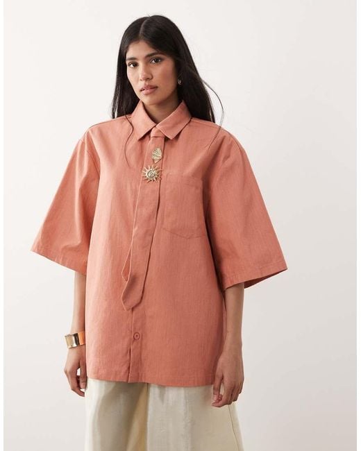Sister Jane Orange Unisex Ochre Short Sleeve Boxy Shirt With Tie Pins