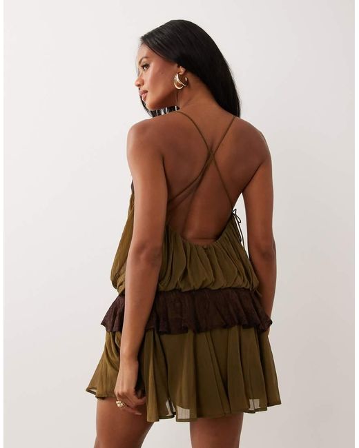 ASOS Brown Cami Mini Dress With Lace Detail And Ruffle Skirt