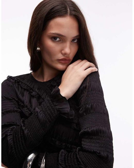 AllSaints Black Nyla Ruffle Long Sleeve Top