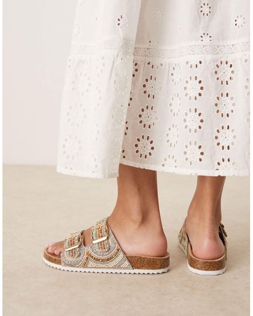 Asos Design Wide Fit Natural Funky Beaded Double Strap Flat Mules