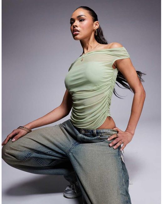ASOS Top Van Gerimpeld Mesh Met Korte Mouwen En Blote Schouders in het Green