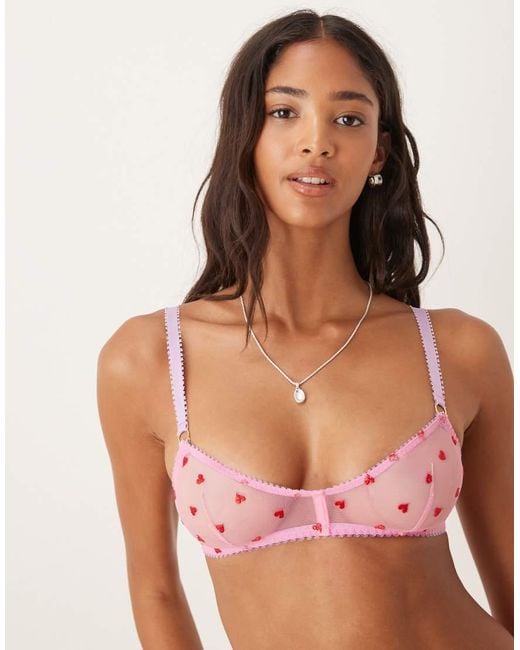 Dora Larsen Pink Priya Tulle Heart Embroidered Half Bralette