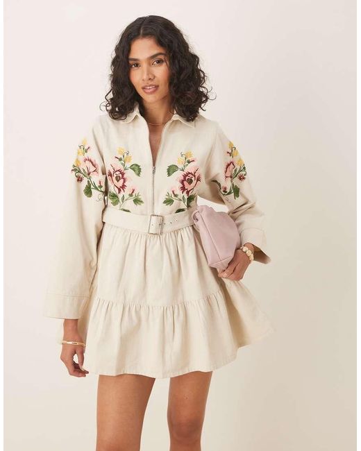 ASOS Natural Heavy Twill Belted Mini Shirt Dress With Tiered Skirt