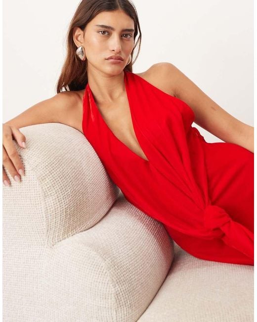ARRANGE Red Halter Neck Plunge Velvet Maxi Dress With Tie Detailing