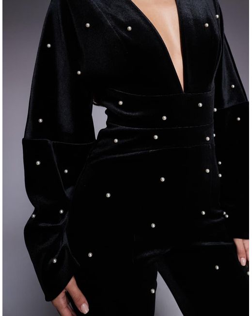 ASOS Blue Velvet Plunge Jumpsuit With Pearl Embellishment
