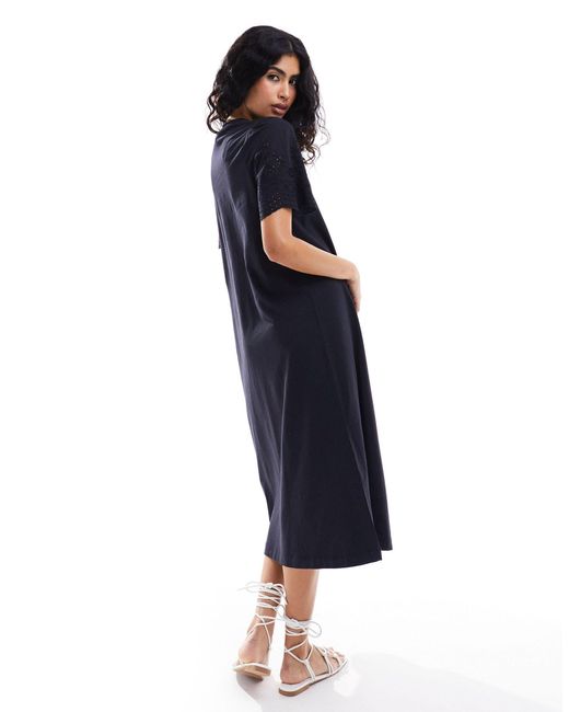 Y.A.S Blue Jersey Maxi T-shirt Dress With Broderie Sleeves