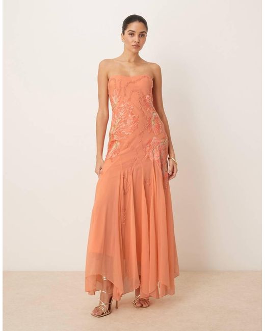 ASOS Orange Bandeau Floral Embellished Maxi Dress