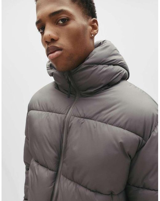 Pull&Bear Gray Puffer Jacket With Hood for men