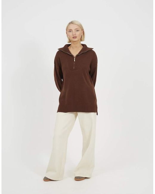 Brave Soul Brown Oversized 1/2 Zip Knitted Jumper