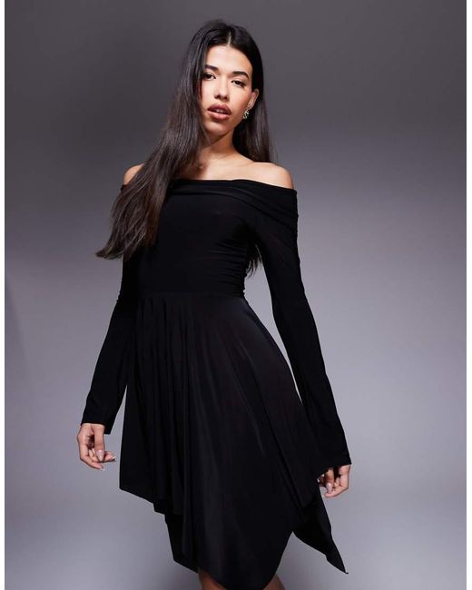 Kaiia Blue Exclusive Double Layered Slinky Foldover Bardot Fairy Hem Mini Dress