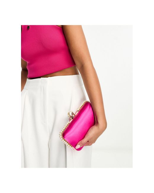 True Decadence Pink Hard Clutch Bag With Pearl Embellishment