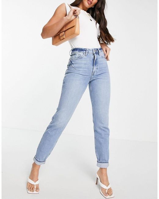 River Island Carrie Ripped Knee Mom Jeans in Blue | Lyst UK