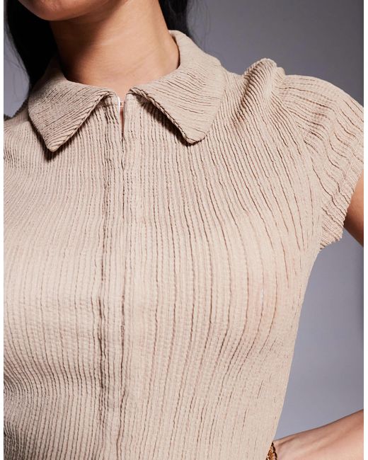 ASOS Natural Co-ord Textured Hook And Eye Short Sleeve Top
