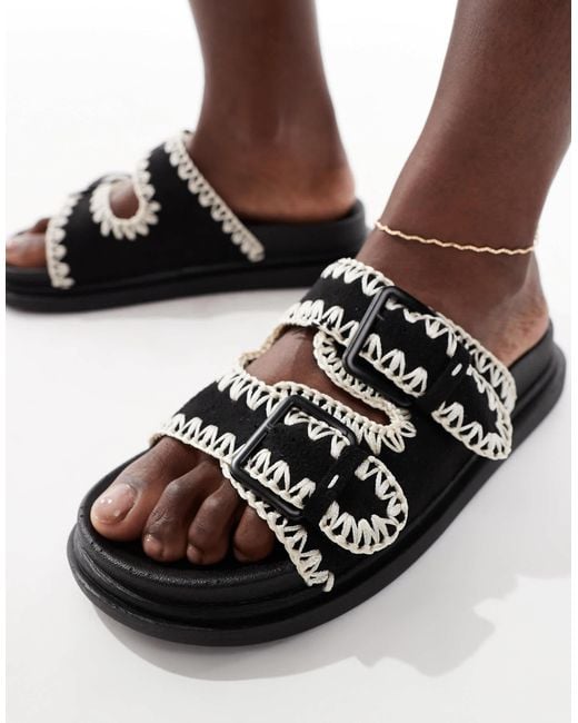 Threadbare Black Double Strap Flat Sandals